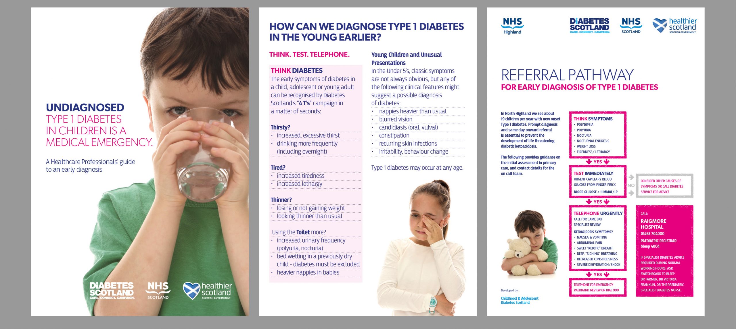 Literature from NHS Scotland's Diabetic ketoacidosis awareness campaign displaying information on how to diagnose children before it becomes an emergency situation.