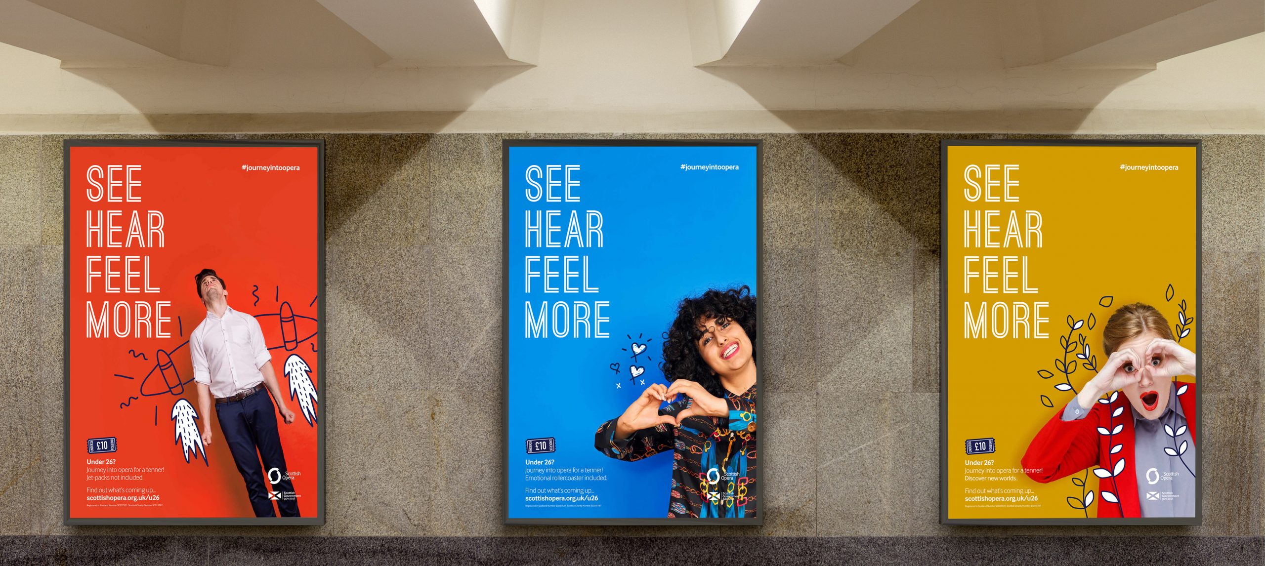 Outdoor digital advertising posters showing the 'See, hear, feel more' campaign to encourage under 26 audiences to attend opera performances.