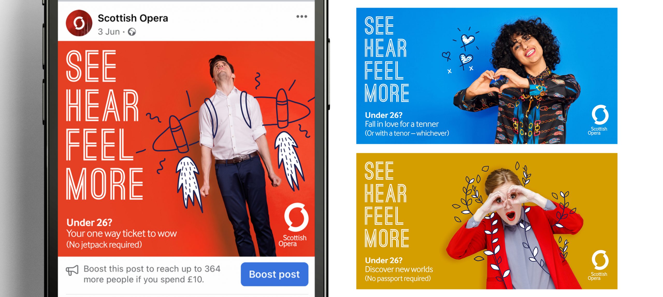 Social media advertising showing the 'See, hear, feel more' campaign to encourage under 26 audiences to attend opera performances.