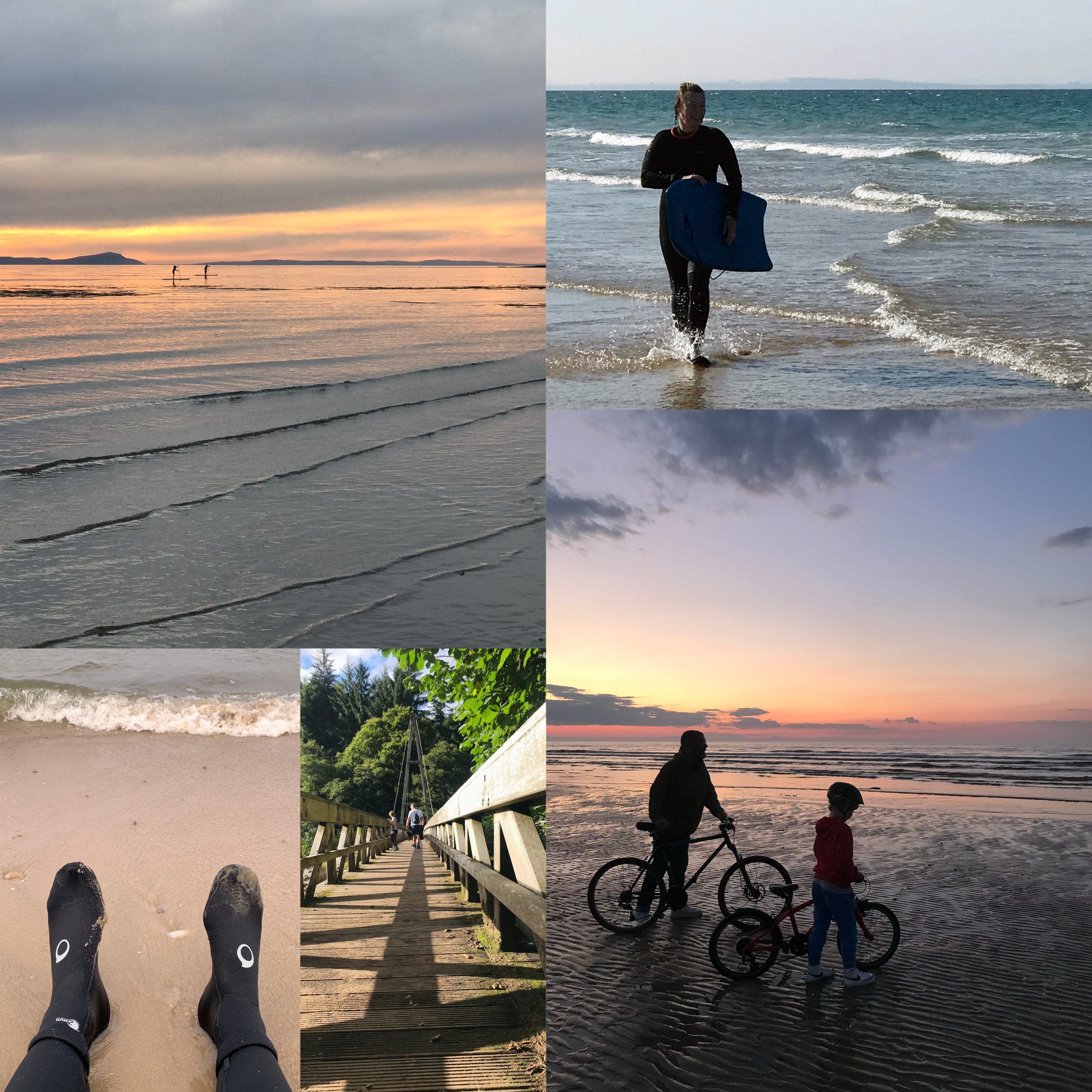A collection of photos of Tess Wood and her family on the beach, cycling and body boarding.